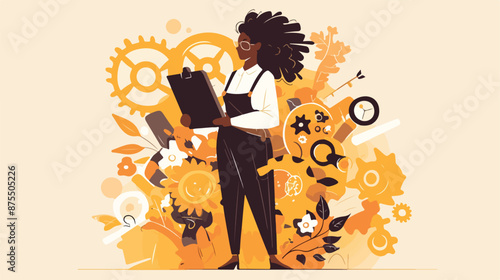 A black business standing holding up gear planning