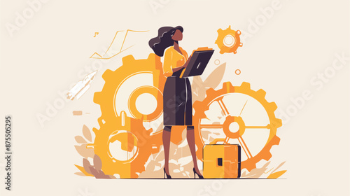 A black business standing holding up gear planning
