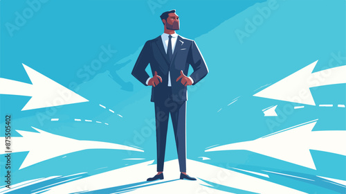 A black guy businessman standing on three ways arrows