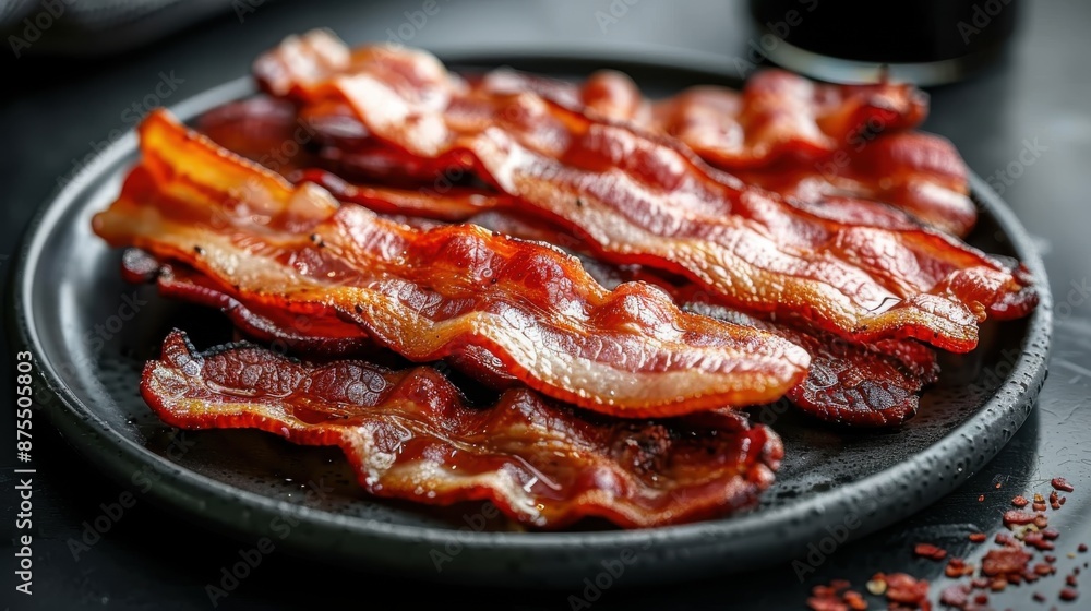 A dark plate filled with crispy, perfectly cooked bacon rashers, representing a delicious and savory breakfast option, highlighted against a dark background for contrast. A dark plate filled with crispy, perfectly cooked bacon rashers, representing a delicious and savory breakfast option, highlighted against a dark background for contrast.