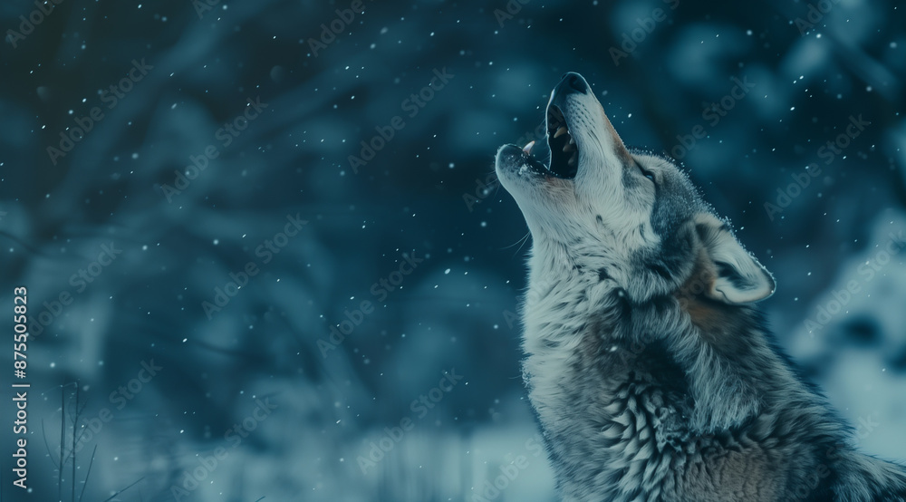 Howling Wolf in Snowfall with Dark Background Howling Wolf in Snowfall with Dark Background