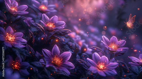 Enchanting Purple Flowers and Butterflies in Magical Twilight Setting © Avalga