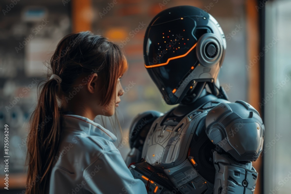Girl Interacting with Futuristic Robot in Lab. A young girl interacts with a futuristic humanoid robot in a high-tech laboratory, emphasizing human-robot interaction. Girl Interacting with Futuristic Robot in Lab. A young girl interacts with a futuristic humanoid robot in a high-tech laboratory, emphasizing human-robot interaction.