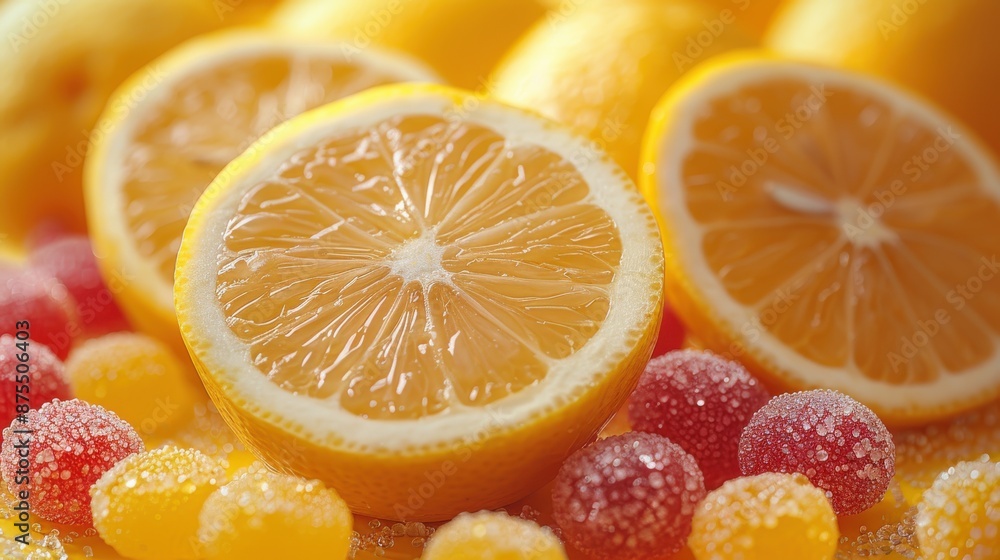Close-up image of a halved lemon placed amongst assorted sugar candies adorned with dew drops, highlighted in bright, warm light, representing freshness and indulgence. Close-up image of a halved lemon placed amongst assorted sugar candies adorned with dew drops, highlighted in bright, warm light, representing freshness and indulgence.
