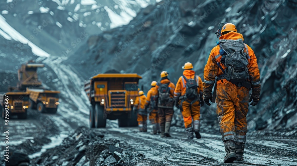 A group of workers dressed in orange uniforms walk towards large mining trucks in an expansive quarry, highlighting the industrious and rugged nature of their work environment. A group of workers dressed in orange uniforms walk towards large mining trucks in an expansive quarry, highlighting the industrious and rugged nature of their work environment.
