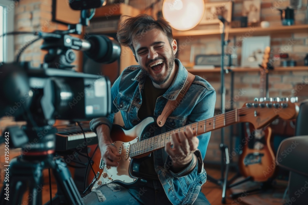 Fototapeta premium Happy Young Man Plays Guitar in Front of the Camera, Home Studio, Broadcast by Music Content Creator
