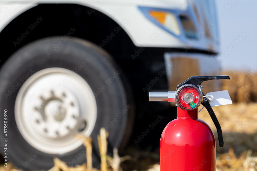 Fire extinguisher and grain truck in cornfield during harvest. Farm safety, fire safety and accident prevention concept. Fire extinguisher and grain truck in cornfield during harvest. Farm safety, fire safety and accident prevention concept.