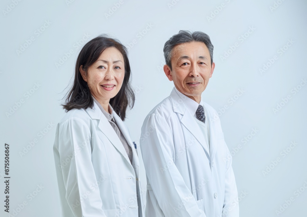Japanese male and female doctors wearing white coats Japanese male and female doctors wearing white coats