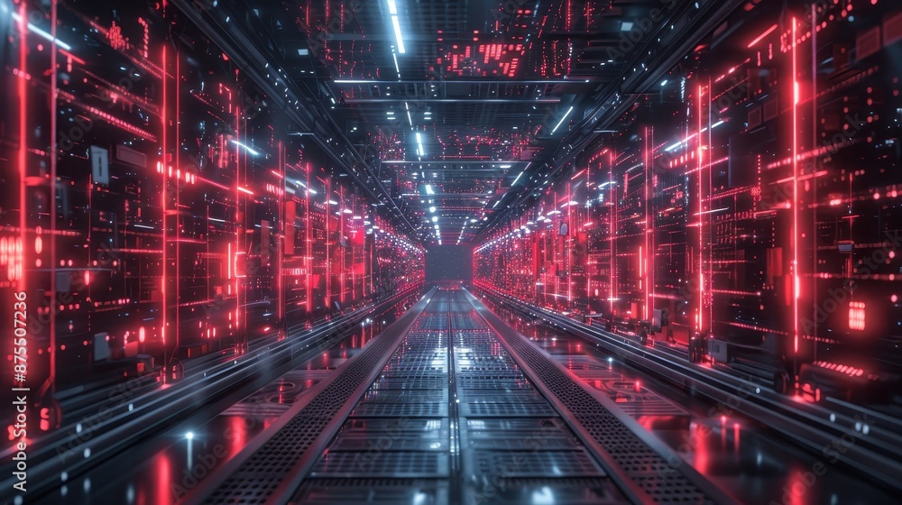 Futuristic AI Technology Corridor With Red Neon Lights. Generative AI