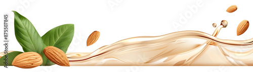 Almonds and leaves in creamy liquid swirl.