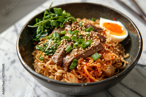 A Bowl of Spicy Korean Beef Noodle Delight on a Marble Countertop