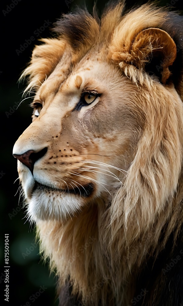 close-up image of a lion's head. The lion has a thick mane, and its expression is calm and majestic, showing off the fine details of its fur and features. close-up image of a lion's head. The lion has a thick mane, and its expression is calm and majestic, showing off the fine details of its fur and features.