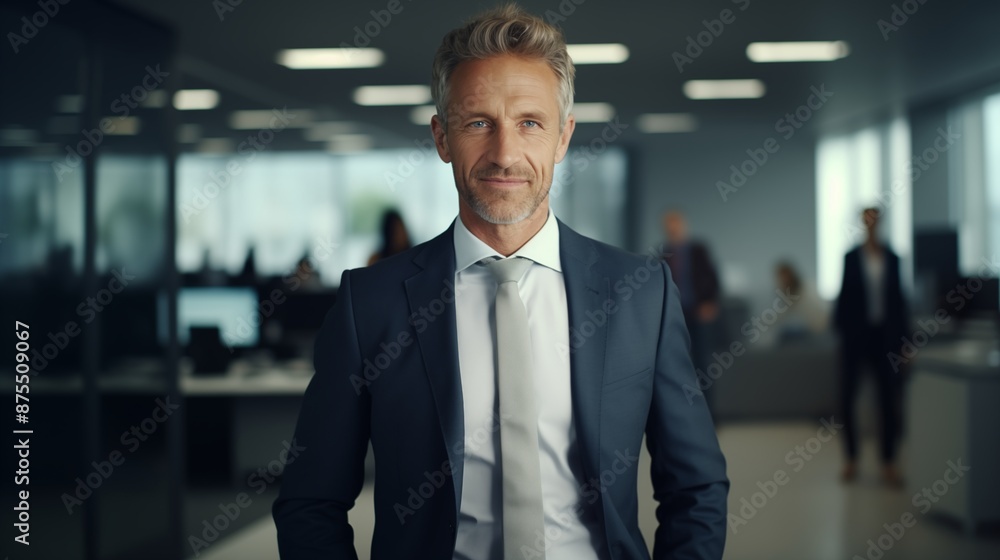 Happy mid aged older business man executive standing in office. Happy mid aged older business man executive standing in office.