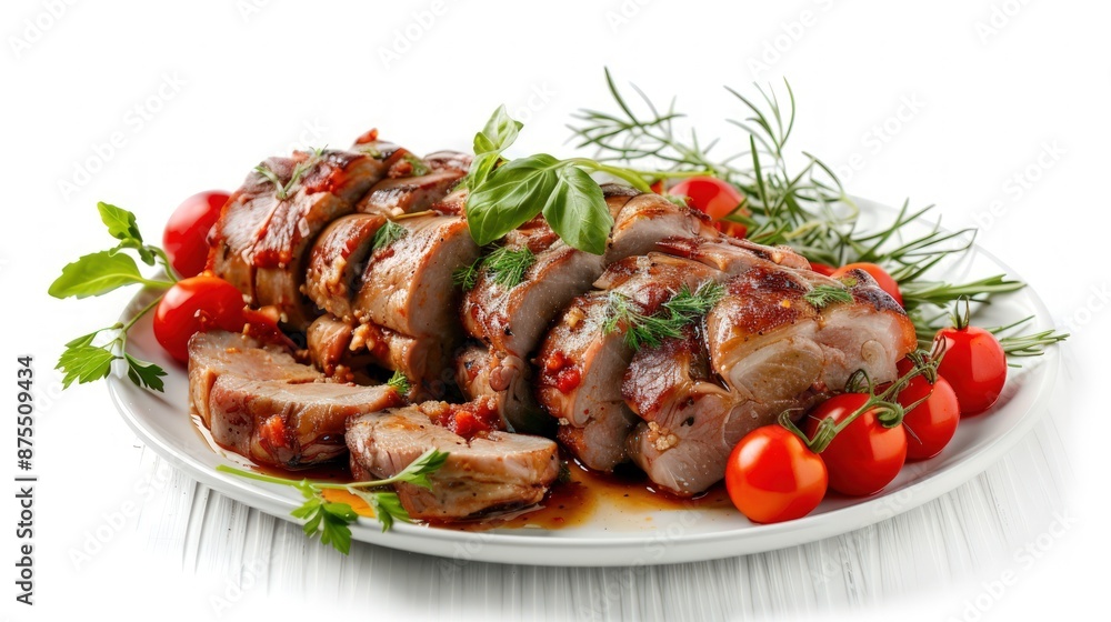 A plate of chicken with a tomato and herb garnish. Generate AI image A plate of chicken with a tomato and herb garnish. Generate AI image