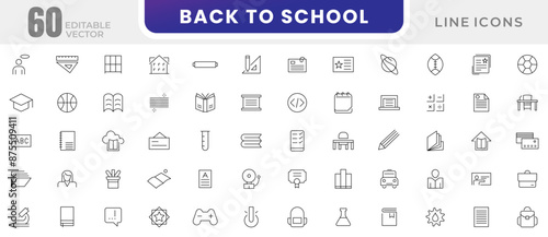 Back to school line icons set. Education, learning, school, online school, outline education, graduation, study, lesson, book, telescope, backpack and bus outline icon collection. 
