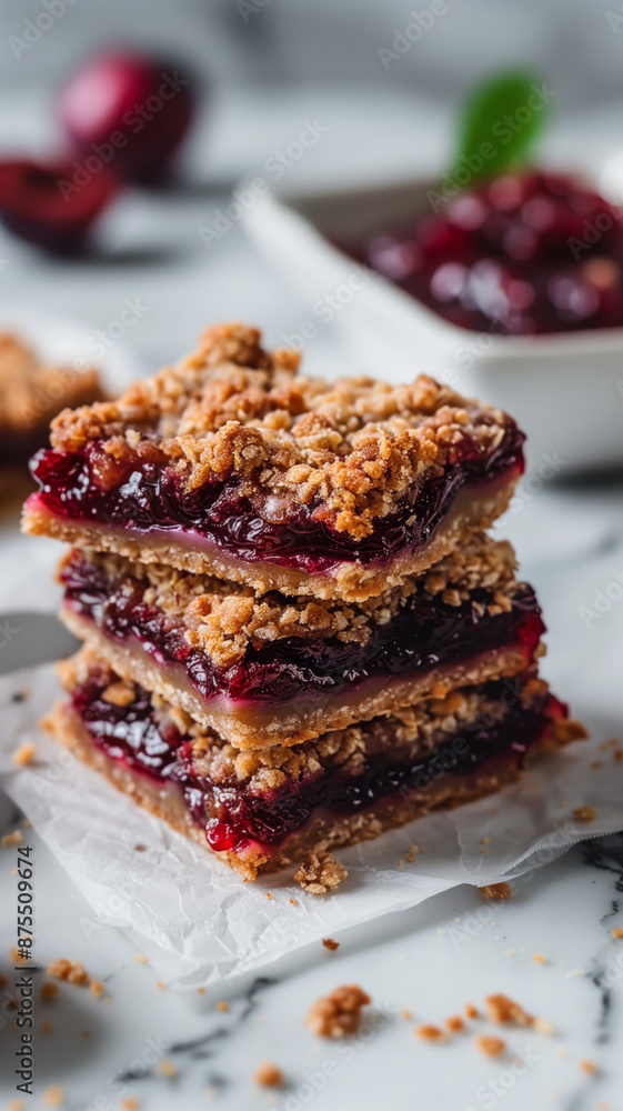 A Stack of Delicious Plum Crumble Bars With Fresh Mint Garnishing A Stack of Delicious Plum Crumble Bars With Fresh Mint Garnishing