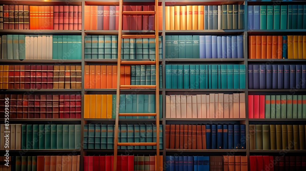 Modern minimalist library wall with wooden ladder, vibrant books, and a detailed background. Modern minimalist library wall with wooden ladder, vibrant books, and a detailed background.