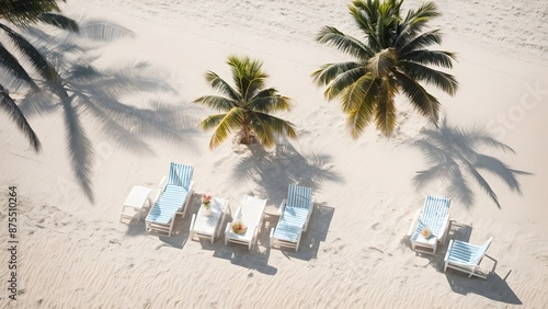 Top view lounge chairs with palm tree on the sand beach, Summer holiday vacation concept