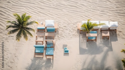 Top view lounge chairs with palm tree on the sand beach, Summer holiday vacation concept