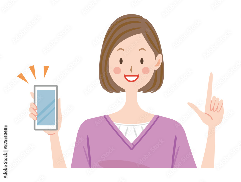 スマートフォンを持つ女性のイラスト　支払い 　お得　説明　指差し