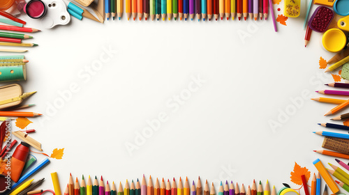 White background with border of colored pencils, crayons, and school supplies AI generated