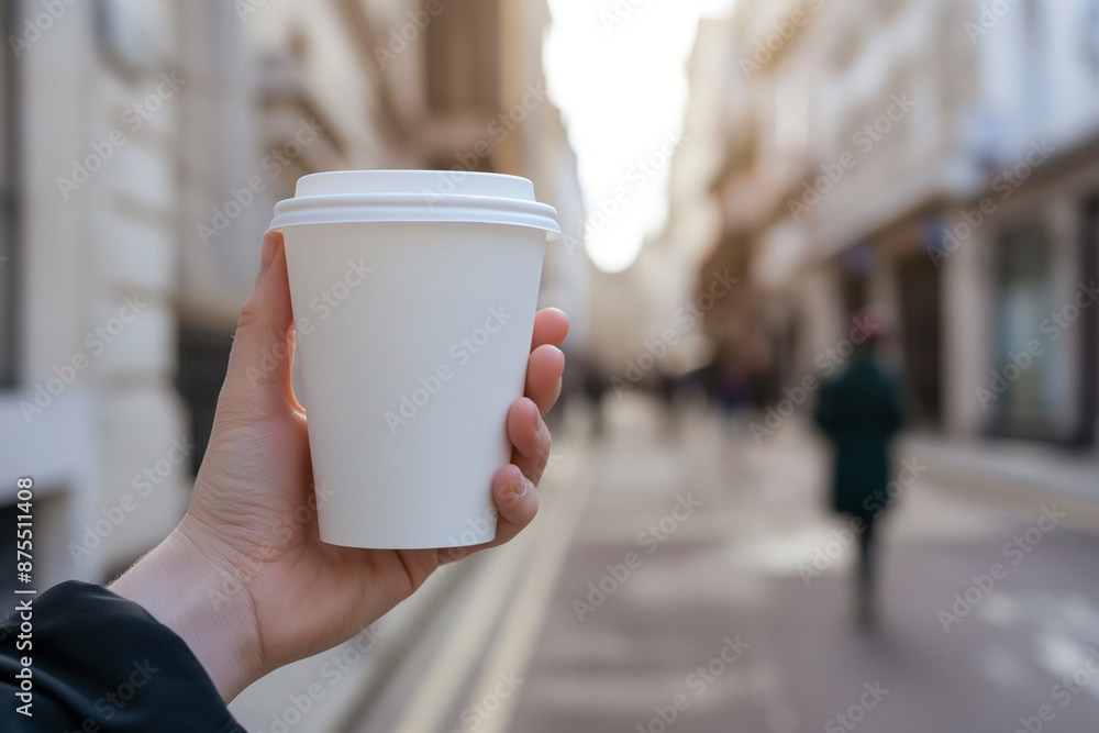 female hand holding a glass of coffee on the street , paper cup with space for text, mockup advertising blank female hand holding a glass of coffee on the street , paper cup with space for text, mockup advertising blank