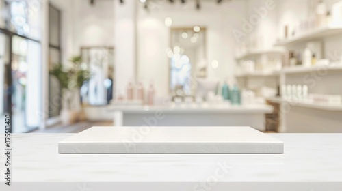Empty white marble board on tabletop on blurred spa salon background for display your product