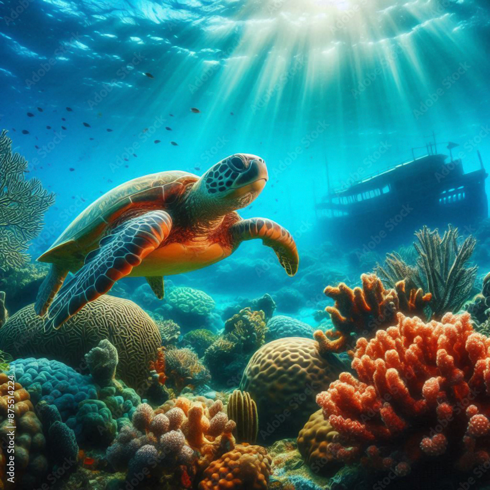 Underwater world with turtle and corals in the background of a sunken ship. Underwater world with turtle and corals in the background of a sunken ship.