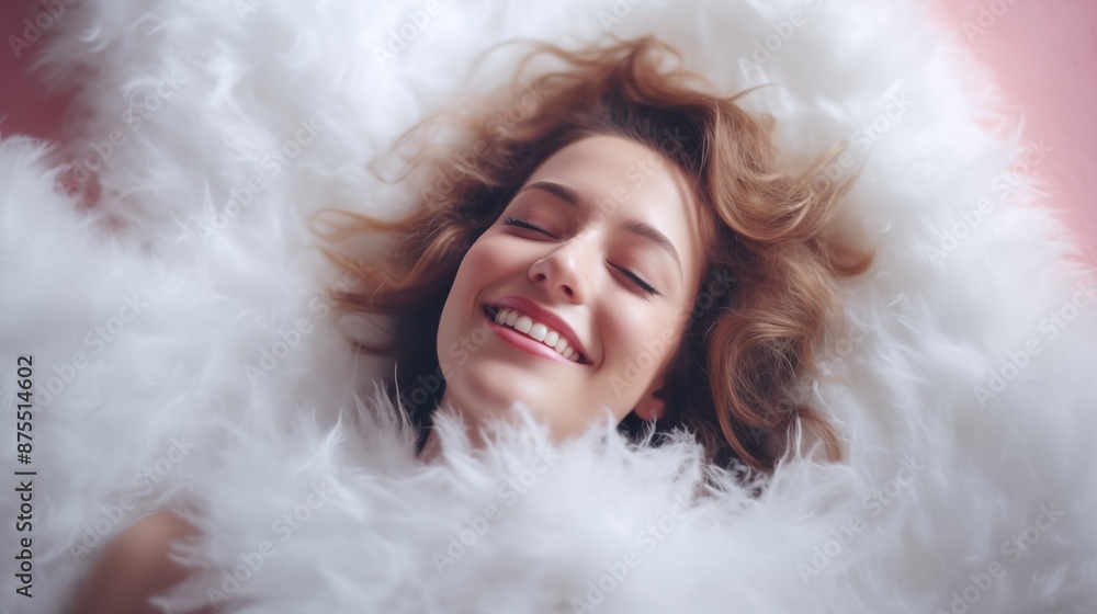 Joyful woman lying on a fluffy white surface with a bright smile Joyful woman lying on a fluffy white surface with a bright smile
