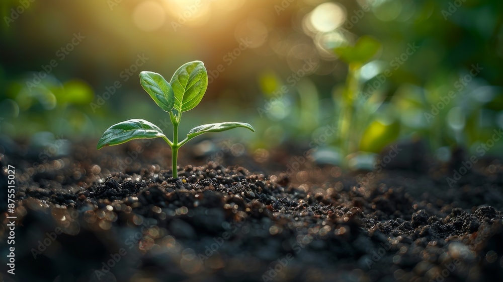Green sprout in soil. Agriculture and farming concept. Seedling cultivation. New life concept. Green sprout in soil. Agriculture and farming concept. Seedling cultivation. New life concept.