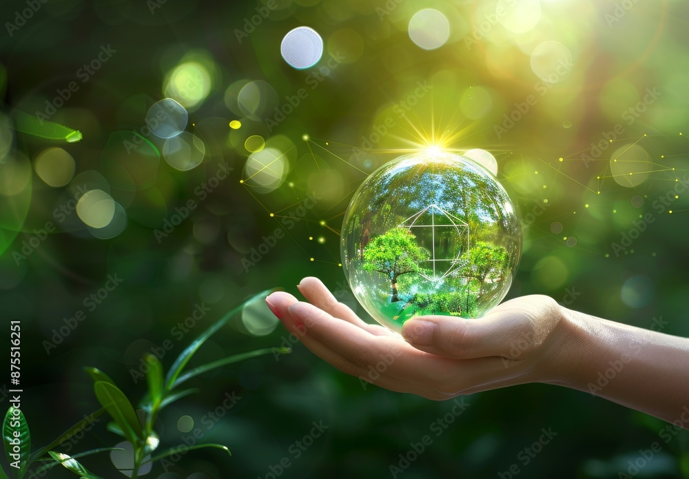 The hands are protecting a globe containing a green tree on an outdoor tropical nature background, Ecology and Environment concept The hands are protecting a globe containing a green tree on an outdoor tropical nature background, Ecology and Environment concept