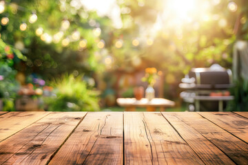 Summer time in backyard with wooden table, grill BBQ and blurred background