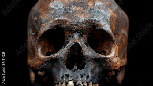 Human skull on black background, front view