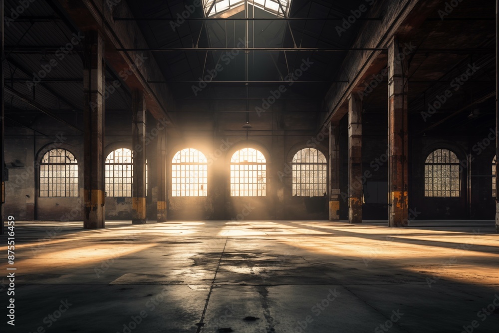 An empty old warehouse with evening sun rays streaming through the windows An empty old warehouse with evening sun rays streaming through the windows