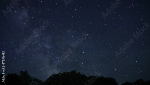 The movement of stars across the night blue sky