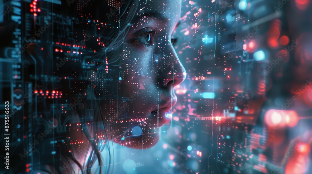 Futuristic AI Technology Concept With Digital Interface and Female Profile. Generative AI Futuristic AI Technology Concept With Digital Interface and Female Profile. Generative AI