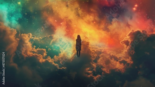 A woman is floating in the sky above a colorful, starry background. Generate AI image