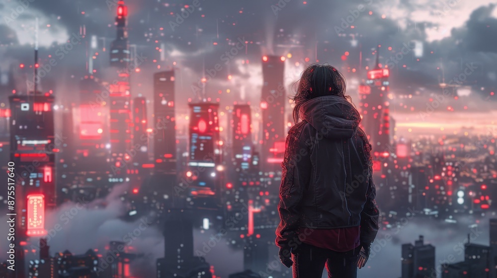 Fototapeta premium A Person Gazing at a Futuristic Cityscape Lit by Red Lights. Generative AI