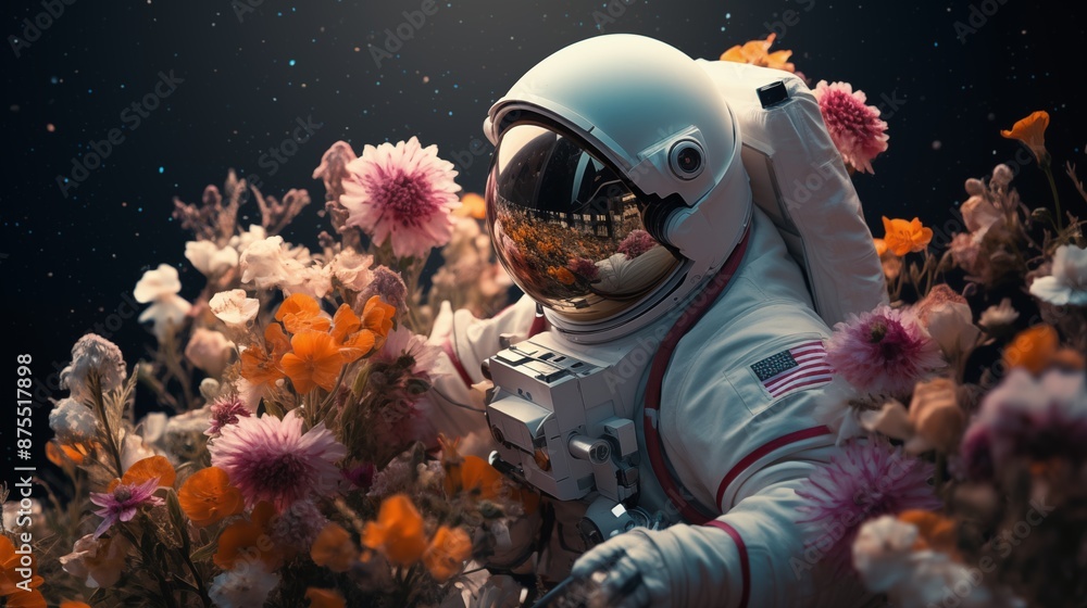 person in spacesuit with blossoming flower person in spacesuit with blossoming flower