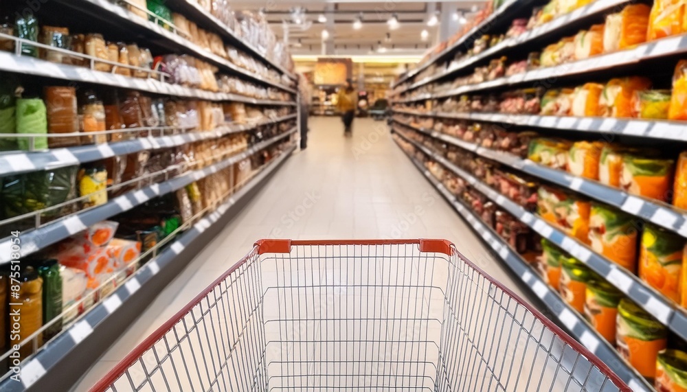 Grocery cart at a supermarket aisle filled up with food products seen from the customers point of view Grocery cart at a supermarket aisle filled up with food products seen from the customers point of view