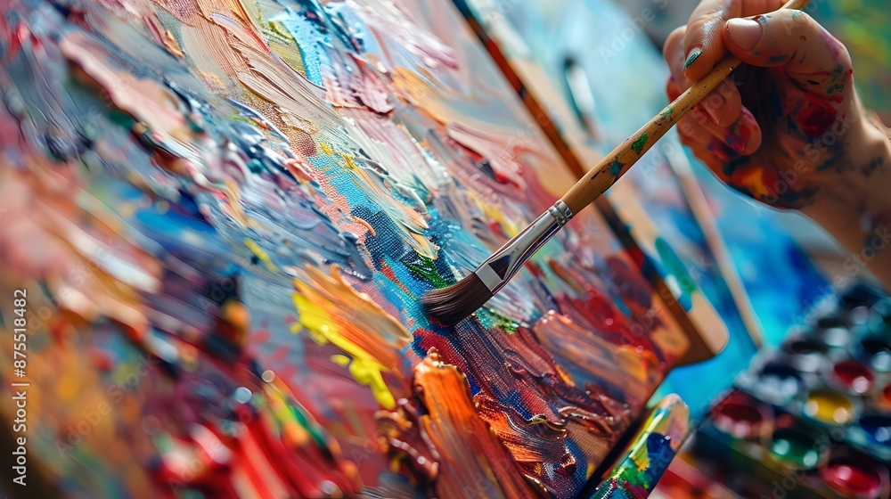 Fototapeta premium People expressing themselves doing art during an art therapy workshop, with paints, brushes, canvases. Therapeutic benefits of creativity and self-expression in mental health and emotional well-being