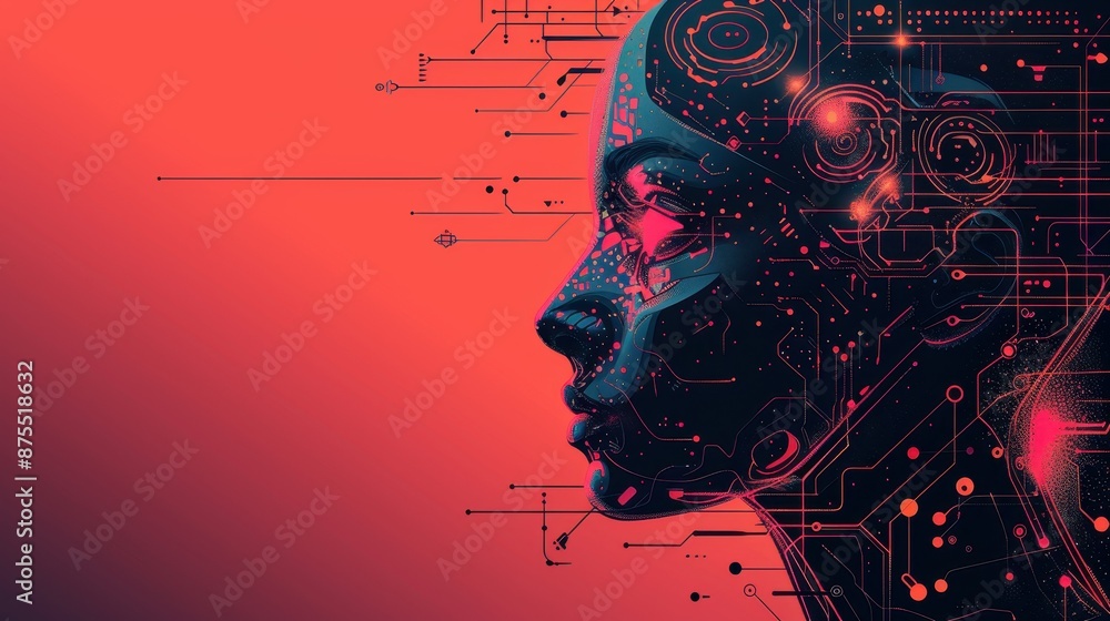 Digital Portrait of an AI Being Against a Red Background. Generative AI Digital Portrait of an AI Being Against a Red Background. Generative AI