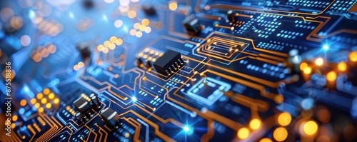 Close-up of a circuit board with intricate pathways and components.