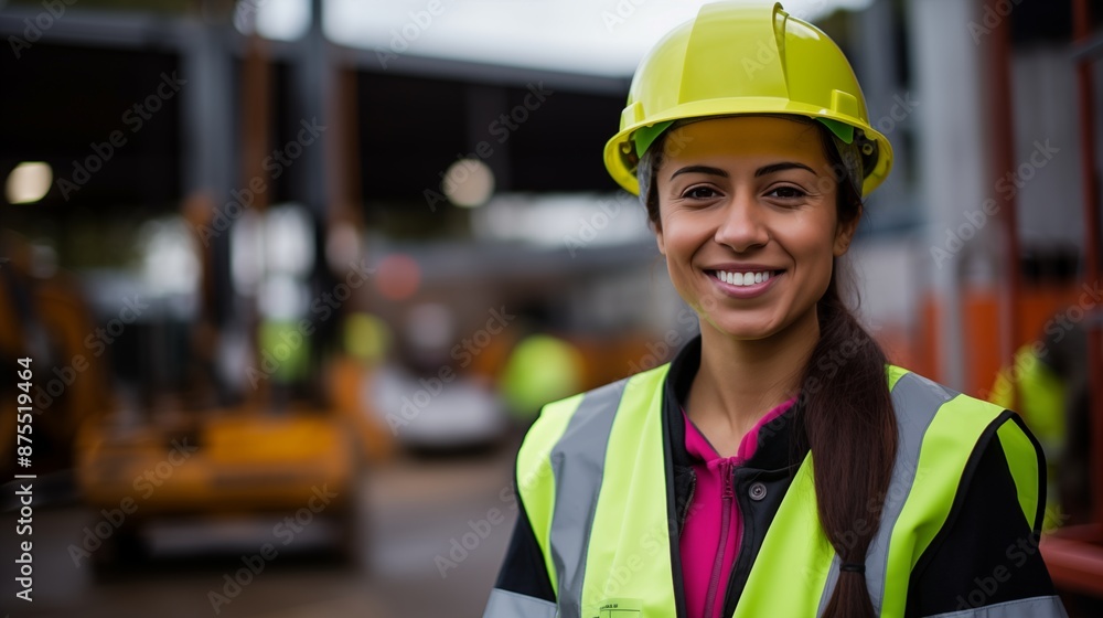 portrait of smiling female engineer on site wearing hard hat, high vis vest, and ppe portrait of smiling female engineer on site wearing hard hat, high vis vest, and ppe