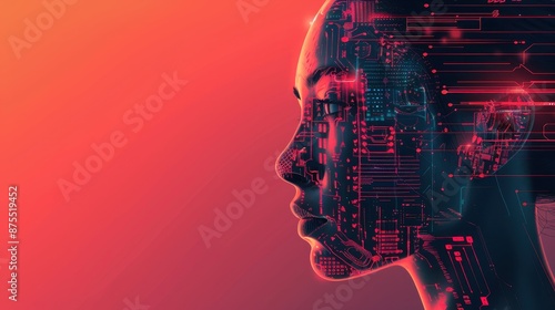 Digital Human Interface Concept With Red Gradient Background. Generative AI