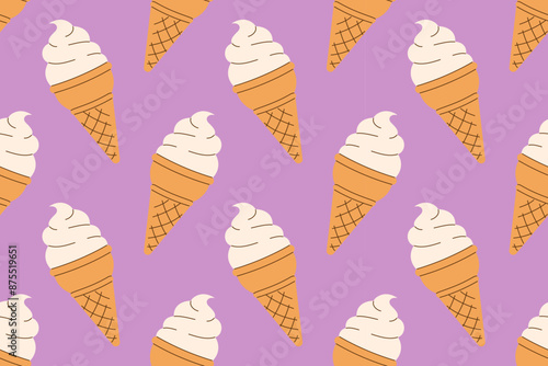 Summer seamless pattern soft vanilla ice cream, gelato in a waffle cone on a purple background. Wallpaper National Ice Cream Day. Hand drawn Flat Vector illustration EPS10