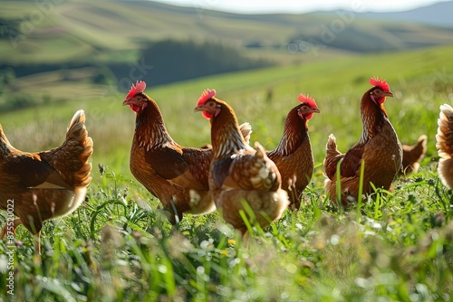 Brown Chickens Grazing In A Sunny Farm Field