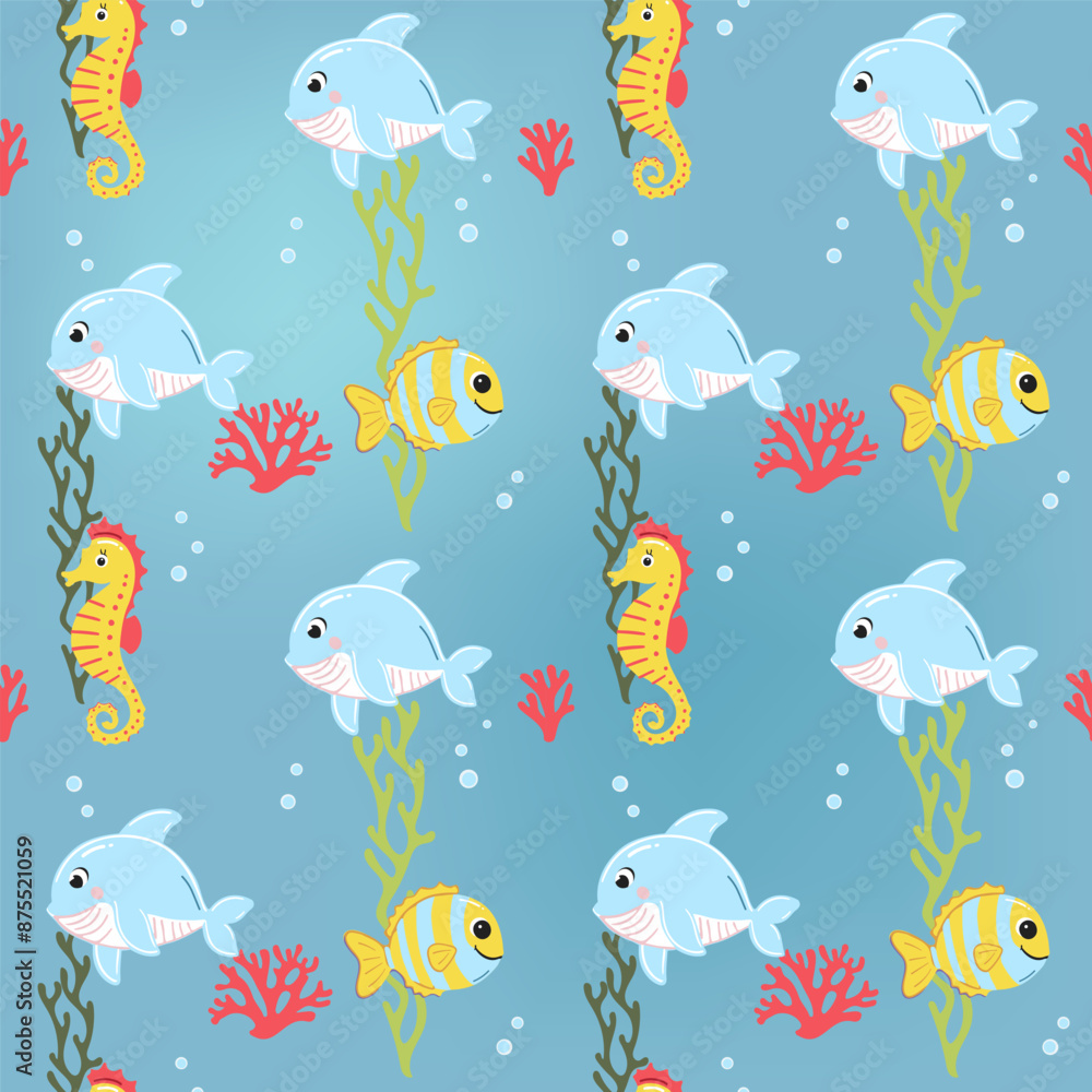 Naklejka premium Seamless pattern with octopus, fish, crab. Cute marine animals. Cartoon sea. Colorful background with underwater characters.