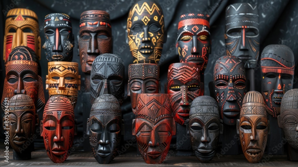 A collection of brightly colored wooden masks, illustrating indigenous craft, tribal traditions, and religious art, displayed in a market setting, celebrating culture and history. A collection of brightly colored wooden masks, illustrating indigenous craft, tribal traditions, and religious art, displayed in a market setting, celebrating culture and history.