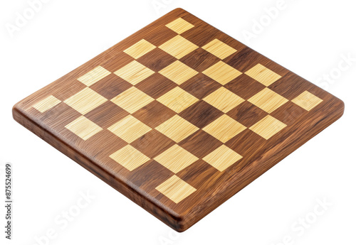 Chessboard made from walnut and maple wood, isolated on a transparent background, perfect for illustrating board games, strategy concepts, and classic wooden craftsmanship in high-quality visuals